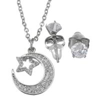 Insiemi di gioielli in acciaio inox zirconia cubica, Orecchino a bottone & Collana, with earnut gomma, with 2Inch extender chain, Luna e Stella, catena ovale & Micro spianare cubic zirconia & per la donna, colore originale, 14.5x17mm,1.5mm,5mm, Lunghezza Appross. 17 pollice, Venduto da set