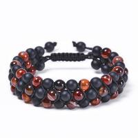 Black Stone Woven Ball Armband, met Nylon Koord & lace agaat, Ronde, uniseks & verstelbaar & frosted, zwart en bruin, 6mm, Per verkocht Ca 7.5-11.8 inch Strand