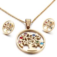 Strass Stainless Steel Jewelry Set, Stud Oorbel & halsketting, Roestvrij staal, Tree of Life, plated, 2 stuks & ovale keten & voor vrouw & met strass, meer kleuren voor de keuze, 43*36mm,18*15mm, Lengte Ca 15.9 inch, Verkocht door Stel