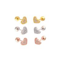 Messing Stud ørering, Heart, forgyldt, Micro Pave cubic zirconia & for kvinde, flere farver til valg, nikkel, bly & cadmium fri, 6mm, 10pc'er/Lot, Solgt af Lot