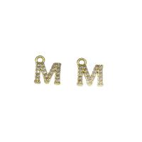 Messing hanger met micro-paved kubieke zirconia's, Letter M, gold plated, micro pave zirconia, nikkel, lood en cadmium vrij, 9.50x11x2mm, Gat:Ca 1.5mm, 30pC's/Bag, Verkocht door Bag