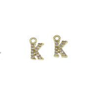 Messing hanger met micro-paved kubieke zirconia's, Letter K, gold plated, micro pave zirconia, nikkel, lood en cadmium vrij, 6.50x11x2mm, Gat:Ca 1.5mm, 30pC's/Bag, Verkocht door Bag