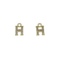 Cubique Pendentif en laiton zircon pavent, Lettre H, Placage de couleur d'or, pavé de micro zircon, protéger l'environnement, sans nickel, plomb et cadmium, 7x11x2mm, Trou:Environ 1.5mm, 30PC/sac, Vendu par sac