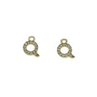 Cubique Pendentif en laiton zircon pavent, Lettre Q, Placage de couleur d'or, pavé de micro zircon, protéger l'environnement, sans nickel, plomb et cadmium, 7.50x12x2mm, Trou:Environ 1.5mm, 30PC/sac, Vendu par sac