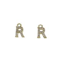 Messing hanger met micro-paved kubieke zirconia's, Letter R, gold plated, micro pave zirconia, nikkel, lood en cadmium vrij, 7x11.50x2mm, Gat:Ca 1.5mm, 30pC's/Bag, Verkocht door Bag