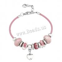 laiton bracelet European, avec Perle en alliage de zinc & cordon en cuir & chalumeau, Placage, pour femme & émail & avec strass, rose, Vendu par Environ 8.7 pouce brin