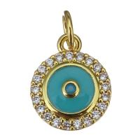 Cubique Pendentif en laiton zircon pavent, Plat rond, Placage de couleur d'or, bijoux de mode & pavé de micro zircon & émail, protéger l'environnement, sans nickel, plomb et cadmium, 10x12.5x3mm, 20PC/lot, Vendu par lot