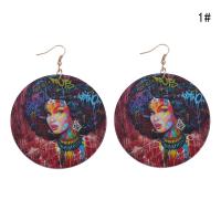 Wood Earring with Zinc Alloy Flat Round printing fashion jewelry & for woman 60mm Sold By Lot