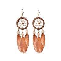 Mode Feather Earring, Zinc Alloy, met Veer & Corduroy Cord & Hout, Dromenvanger, gold plated, Bohemien stijl & voor vrouw, meer kleuren voor de keuze, nikkel, lood en cadmium vrij, 31x115mm, 3paren/Lot, Verkocht door Lot