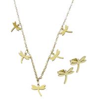 Roestvrij staal sieraden sets, Stud Oorbel & halsketting, met 2Inch extender keten, Dragonfly, gold plated, ovale keten & voor vrouw, 10x8mm,1.5mm,10x8.5mm, Lengte Ca 17 inch, 5sets/Lot, Verkocht door Lot