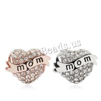 Zinc Alloy Europæiske store hulperler, Heart, forgyldt, du kan DIY & med bogstavet mønster & med rhinestone, flere farver til valg, 14x13mm, 20pc'er/Lot, Solgt af Lot