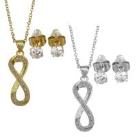 Insiemi di gioielli in acciaio inox zirconia cubica, Orecchino a bottone & Collana, with 1.5 inch extender chain, placcato, 2 pezzi & Micro spianare cubic zirconia & per la donna & cavo, nessuno, 9x25.5mm,1.5mm,5mm, Lunghezza Appross. 17 pollice, 3Setsinsieme/lotto, Venduto da lotto