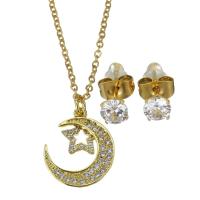 Insiemi di gioielli in acciaio inox zirconia cubica, Orecchino a bottone & Collana, with 1.5 inch extender chain, Luna e Stella, placcato color oro, 2 pezzi & Micro spianare cubic zirconia & per la donna, placcato color metallo, 14.5x17mm,1.5mm,5mm, Lunghezza Appross. 17 pollice, 3Setsinsieme/lotto, Venduto da lotto