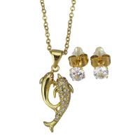 Ensembles de bijoux en zircon cubique en acier inoxydable, Boucle d’oreille stud & collier, avec 1.5 inch chaînes de rallonge, dauphin, Placage de couleur d'or, 2 pièces & pavé de micro zircon & pour femme, couleur métallique plaquée, 11x22.5mm,1.5mm,5mm, Longueur Environ 17 pouce, 3ensemblessérie/lot, Vendu par lot