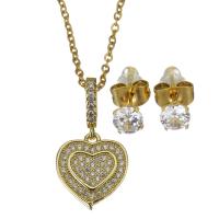 Ensembles de bijoux en zircon cubique en acier inoxydable, Boucle d’oreille stud & collier, avec 1.5 inch chaînes de rallonge, coeur, Placage de couleur d'or, 2 pièces & pavé de micro zircon & pour femme, couleur métallique plaquée, 12.5x13.5mm,1.5mm,5mm, Longueur Environ 17 pouce, 3ensemblessérie/lot, Vendu par lot