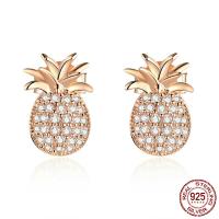 Zircon cubique Micro Pave d'oreille en argent sterling, Argent sterling 925, ananas, Plaqué de couleur d'or rose, pavé de micro zircon & pour femme, 11x7mm, Vendu par paire