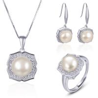 925 Sterling Silver Jewelry Set, Ciondolo & anello dito & orecchino, 925 sterline d'argento, with perla d'acquadolce coltivata naturalmente, placcato platino, stili diversi per la scelta & Micro spianare cubic zirconia & per la donna, 13.3x20.2mm, 11.7x27.8mm, 9mm, Misura:8-8.5, Venduto da set