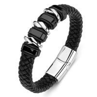 PU Leather Cord Bracelets Titanium Steel with PU Leather Unisex black Sold By PC