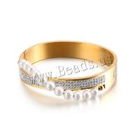 Brazalete del acero inoxidable, con Arcilla analiar de diamantes de imitación AB & Perlas plásticas, chapado, para mujer, más colores para la opción, 12mm, diámetro interior:aproximado 60x50mm, Vendido por UD