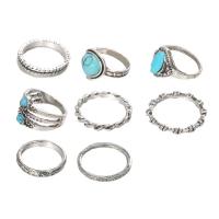 Ensemble d’anneau en alliage de zinc, avec turquoise synthétique, Plaqué de couleur d'argent, 8 pièces & pour femme, protéger l'environnement, sans nickel, plomb et cadmium, 8PC/fixé, Vendu par fixé