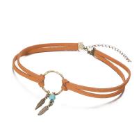 Mode Collier Choker, cuir PU, avec turquoise synthétique, feuille, la couleur plaquée laiton antique, Double couche & pour femme, Vendu par Environ 15.6 pouce brin