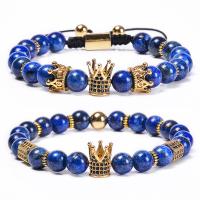 Naturlige Lapis Lazuli armbånd, guldfarve belagt, Unisex & forskellige stilarter for valg & strålingsbeskyttelse & Micro Pave cubic zirconia, flere farver til valg, 8mm, Længde Ca. 7.1 inch, 2Strands/Lot, Solgt af Lot