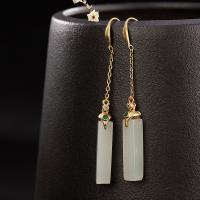 925 Sterling Silver Drop & Dangle Brincos, 925 de prata esterlina, with Hetian Jade, banhado a ouro genuino, para mulher & com strass, 5x61mm, vendido por par