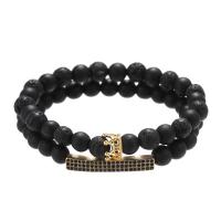 Los hombres de la pulsera y del brazalete, Piedra Abrazine, con lava, elástico & micro arcilla de zirconia cúbica & para hombre, Negro, longitud aproximado 7.3 Inch, 2Strandsfilamento/Set, Vendido por Set