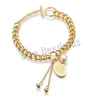 acero inoxidable Pulsera, con Perlas plásticas, chapado en color dorado, para mujer, chapado en color metálico, 20mm,10mm,7mm, Vendido para aproximado 7.8 Inch Sarta