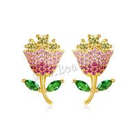 Ottone stallone orecchino, Fiore, placcato, Micro spianare cubic zirconia & per la donna, nessuno, 9.80x16.50mm, 5Pairspaio/lotto, Venduto da lotto