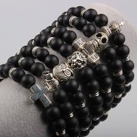 Pulseiras de pedras preciosas, Abrazine Stone, with liga de zinco, banho de cor prata antiga, unissex & Vario tipos a sua escolha, preto, 8mm, Aprox 21PCs/Strand, vendido para Aprox 7.5 inchaltura Strand