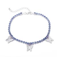 Bracelet de cheville en alliage de zinc, avec strass, papillon, Placage, pour femme & avec strass, plus de couleurs à choisir, 230+50mmuff0c13mm, Vendu par brin