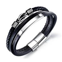 Los hombres de la pulsera y del brazalete, Partículas de acero, con Cuero de PU, chapado, para hombre & multi-hilera, Negro, 215x10.50mm, Vendido por Sarta