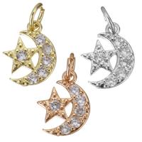 Kuutio Zirkonia Mikro Paven Messinki riipus, Moon ja Star, päällystetty, Micro Pave kuutiometriä zirkonia, enemmän värejä valinta, 10x12x2mm, Reikä:N. 3.5mm, 30PC/erä, Myymät erä