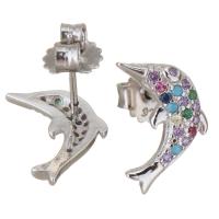 Messing Stud ørering, Dolphin, forgyldt, Micro Pave cubic zirconia & for kvinde, 9x13mm, 20par/Lot, Solgt af Lot