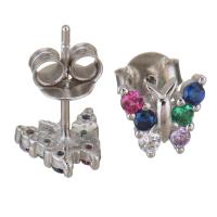 Messing Stud ørering, Butterfly, forgyldt, Micro Pave cubic zirconia & for kvinde, 7x6.5mm, 20par/Lot, Solgt af Lot