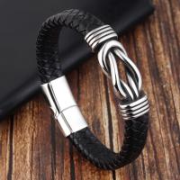 Los hombres de la pulsera y del brazalete, Partículas de acero, con Cuero de PU, pulido, teñido & para hombre, Negro, 21cm, longitud aproximado 8.26 Inch, Vendido por UD