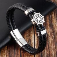 Los hombres de la pulsera y del brazalete, Partículas de acero, con Cuero de PU, pulido, teñido & para hombre, Negro, 21CM, longitud aproximado 8.26 Inch, Vendido por UD