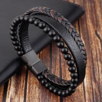 Men Bracelet Titanium Steel with PU Leather & Lava polished dyed & for man & multi-strand black 21CM Length Approx 8.26 Inch Sold By PC