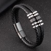 Men Bracelet Titanium Steel with PU Leather polished dyed & for man & multi-strand black Sold By PC