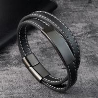 Los hombres de la pulsera y del brazalete, Partículas de acero, con Cuero de PU, pulido, teñido & para hombre & multi-hilera, Negro, 21cm, Vendido por UD