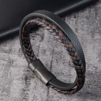 Los hombres de la pulsera y del brazalete, Partículas de acero, con Cuero de PU, pulido, teñido & para hombre & multi-hilera, Negro, 21cm, Vendido por UD