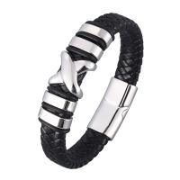 Men Bracelet Split Layer Cowhide Leather with Stainless Steel plated fashion jewelry & Unisex black Sold By Strand