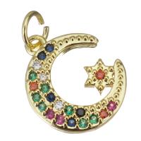 Cúbicos Circonia Colgante Latón Micro pavimenta, metal, Luna y estrella, chapado en color dorado, micro arcilla de zirconia cúbica, 13x15x3mm, agujero:aproximado 3.5mm, 20PCs/Grupo, Vendido por Grupo