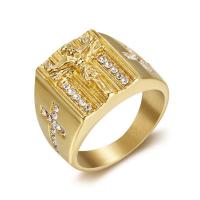 Anel de dedo de aço inoxidável de strass, Aço inoxidável 316L, Rosca, banhado, joias de moda & com strass, dourado, níquel, chumbo e cádmio livre, 19mm, tamanho:7-14, vendido por PC