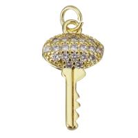 Messing hanger met micro-paved kubieke zirconia's, Sleutel, gold plated, micro pave zirconia, 9x17x3mm, Gat:Ca 2.5mm, 20pC's/Lot, Verkocht door Lot