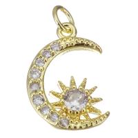 Terningformet Zirkon Micro Pave Messing vedhæng, Moon, guldfarve belagt, Micro Pave cubic zirconia, 10x14x2.50mm, Hole:Ca. 2.5mm, 20pc'er/Lot, Solgt af Lot