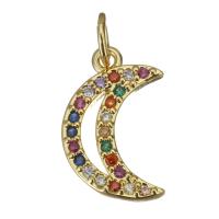 Terningformet Zirkon Micro Pave Messing vedhæng, Moon, guldfarve belagt, Micro Pave cubic zirconia & hule, 9x14x2mm, Hole:Ca. 3mm, 20pc'er/Lot, Solgt af Lot