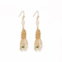 Pendientes de Perlas de Freshwater, aleación de zinc, con Plata de ley 925, chapado en color dorado, para mujer, Blanco, libre de níquel, plomo & cadmio, 14x56mm, Vendido por Par