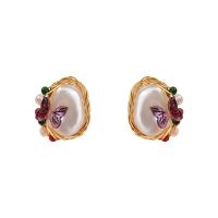 Boucles d'oreilles en perles d'eau douce, alliage de zinc, avec Argent sterling 925, Placage de couleur d'or, pour femme, blanc, protéger l'environnement, sans nickel, plomb et cadmium, 18x20mm, Vendu par paire